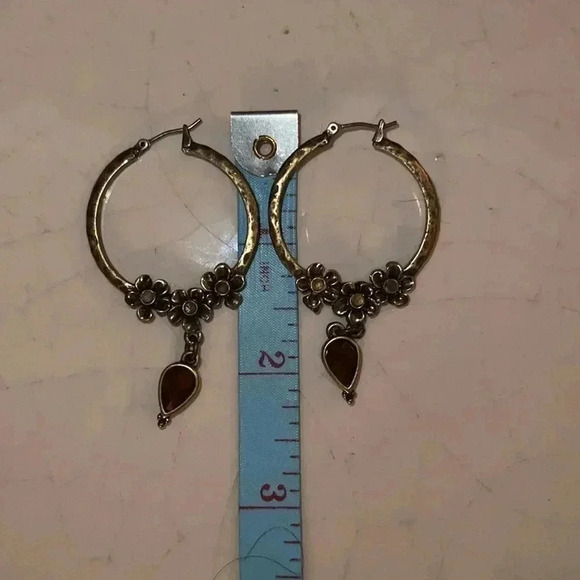 LUCKY BRAND Women’s Floral Antique Rhinestone Hoops Dangling Caramel Faux Stone - Picture 3 of 7
